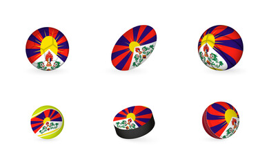 Sports equipment with flag of Tibet. Sports icon set.