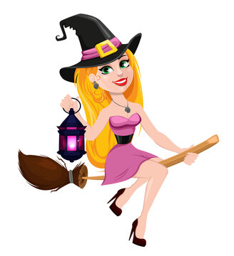 Halloween greeting card. Beautiful lady witch flying on broom and holding lamp.