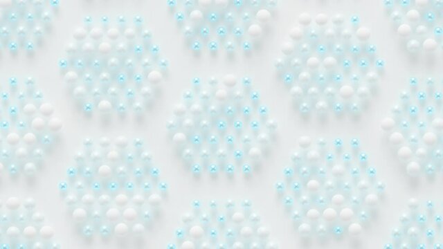 Hexagonal Spheres Array Loop 1 Blue x White: animation of nano blue particles inside hexagons. Abstract technology concept. Science research. Classic blue. Seamless loop. 
