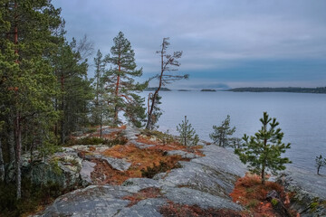 Lake Ladoga with islands in autumn