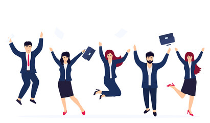 Happy office workers in jump. Business men and business women