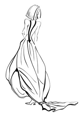 Beautiful Bride in white Wedding Dress with Train. Hand-drawn Fashion Illustration for social media, wall art print designer, cover. Black ink lines art on white background