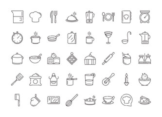 chef kitchen utensils icons collection hat fork knife clock pot saucepan ladle jar bowl