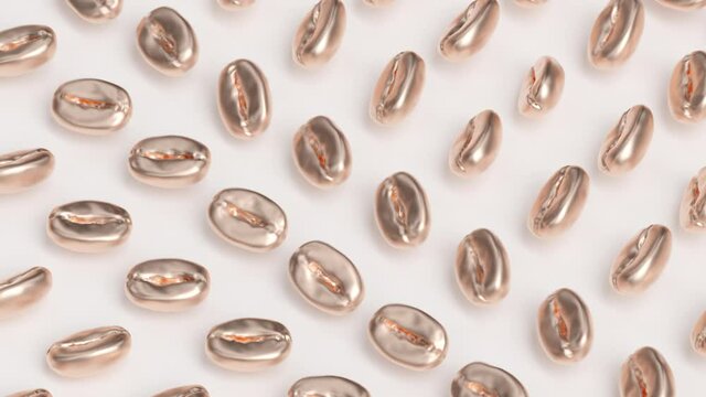 Abstract Coffee Beans Loop 1 Bronze x White: bright dynamic motion background of many smooth bronze coffee seeds waving and rotating above a white plane. Elegant coffee house backdrop. 
