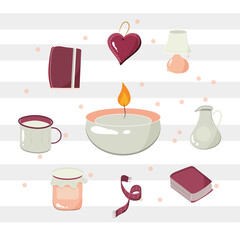 candle coffee cup heart book scarf cartoon hygge icons set