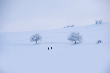 Schöne Winteridylle mit zwei Wanderern in der blauen Stunde fotografiert