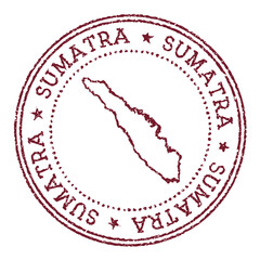 Sumatra round rubber stamp with island map. Vintage red passport stamp with circular text and stars, vector illustration.