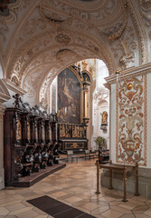 Passage view with mural in St. Lawrence Basilica in Kempten Germany