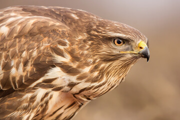 Common buzzard (Buteo buteo) in the fields in natural habitat, buzzards feeding, hawk bird on the ground, predatory bird close up