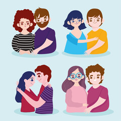 set of different couple love romantic cartoon characters