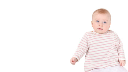 Fototapeta premium Cute caucasian baby girl, looking at camera, white striped clothes isolated. Copy space for text, banner.