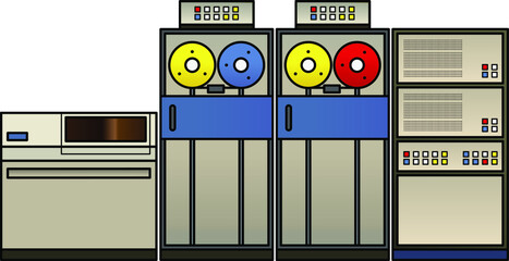 A retro mainframe computer setup with a processor cabinet, classic tape drives, and a fixed disk drive,