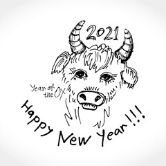 Year of the Ox 2021. Sketch illustration of a cute calf. Vector element for New Year's design of 2021 year of the Ox.