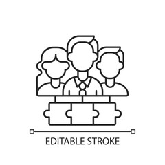 Team linear icon. Working together. Cooperation for accomplishing purpose and tasks. Thin line customizable illustration. Contour symbol. Vector isolated outline drawing. Editable stroke