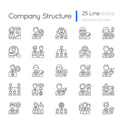 Company structure linear icons set. Corporate hierarchy. Leadership and personnel. Marketing tactic. Customizable thin line contour symbols. Isolated vector outline illustrations. Editable stroke