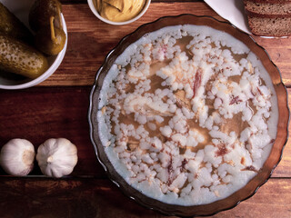 isolated aspic from pork meat beef and chicken on the table. appetizer of Ukrainian, European...