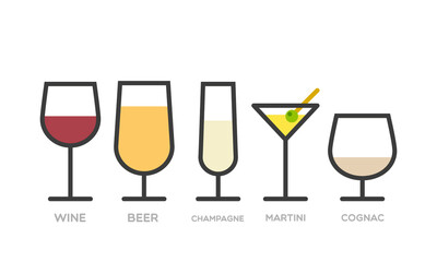 Set: alcohol drinks. Several kinds of glasses. Wine, beer, champagne, martini and cognac. Vector illustration, flat design