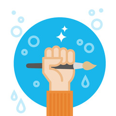 Hand holding paintbrush. Creativity concept. Vector illustration, flat design