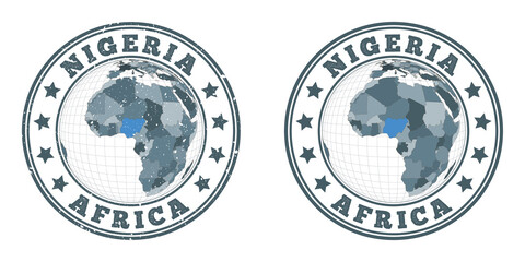 Nigeria round logos. Circular badges of country with map of Nigeria in world context. Plain and textured country stamps. Vector illustration.