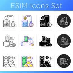 Popshop icons set. Price calculation. Short-term borrowing. Gold price. Formula pricing. Cash advance. Calculating market value. Linear, black and RGB color styles. Isolated vector illustrations