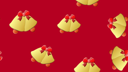 seamless pattern with red and gold Christmas balls, bells, holly and poinsettia on a  red background