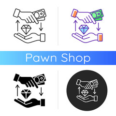 Money loan icon. Borrowing cash. Financial aid. Lending money at interest. Receiving funds secured by real property. Linear black and RGB color styles. Isolated vector illustrations