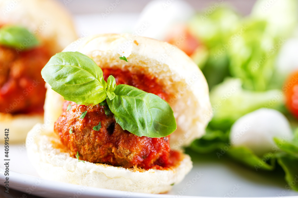 Sticker Homemade Spicy Meatball Sandwich with Marinara Sauce.