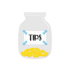 Tips jar, glass jar filled with golden coins vector illustration, icon. Collecting money concept.