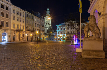 Lviv. Town Hall Square at Dawn.