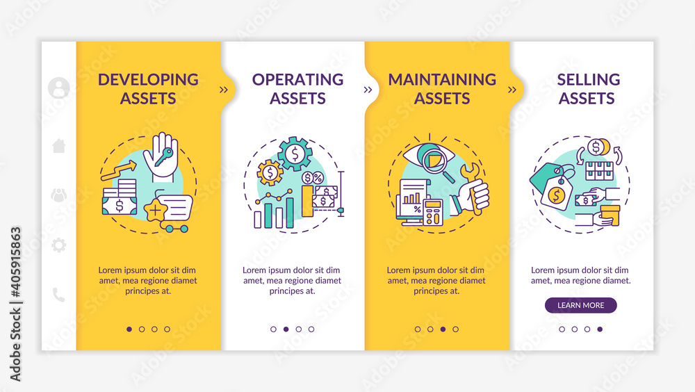 Poster investment management components onboarding vector template. operating stocks and selling assets. re