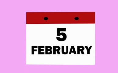 February 5  on a white calendar on a soft pink background. Illustration of the calendar for February.