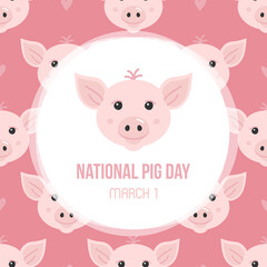 Obraz na płótnie Canvas National Pig Day vector card, illustration with cute cartoon style pig faces pattern background.