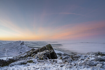 Winter sunrise cloud inversion, and snow at The Roaches, Staffordshire