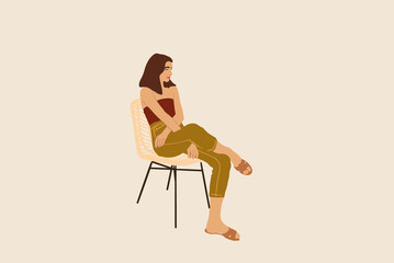 Fototapeta na wymiar Woman sitting on the chair and relaxing. Vector illustration in pastel tones