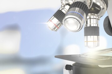 nanotechnology development concept, object 3D illustration -  lab electronic scientific microscope with flare on soft focus background