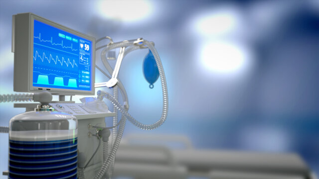 cg healthcare 3d illustration, ICU covid ventilator in clinic