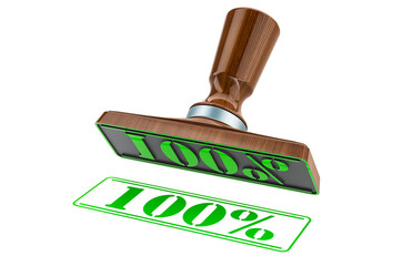 100% stamp. Wooden stamper, seal with text 100 percent, 3D rendering