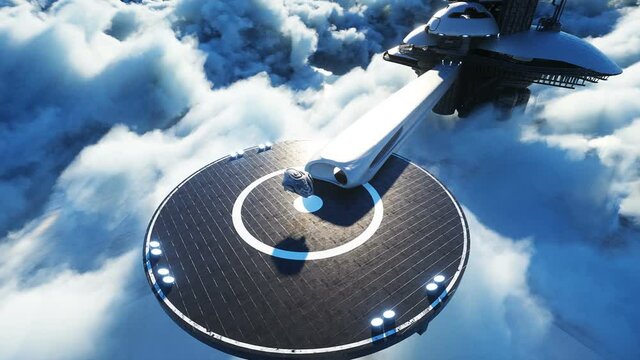futuristic ship lands on futuristic base in the clouds. Realistic 4k animation.