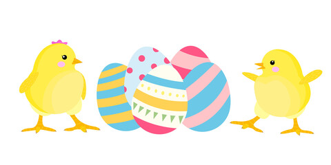 two chickens are having fun with easter eggs. cock and hen. stock vector illustration with Easter chickens on a white background. a picture for printing, greeting cards and greetings.