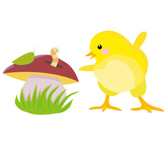 Vector stock illustration with cute chicken and wormy mushroom. Easter chicken. Children's picture for printing and postcards.