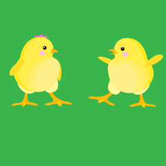 stock vector illustration of Easter chickens on the grass. children's image of funny chickens, a chicken and a cockerel. illustration for printing and postcards.