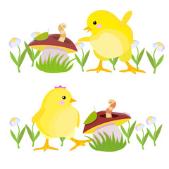 stock vector image of Easter chickens on a white background. Children's illustration with chickens, nature and mushrooms for printing and postcards.