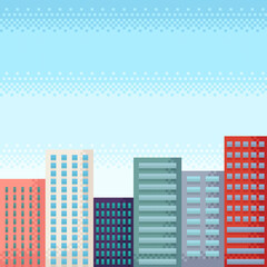 Buildings pixel art. City pixel art. Vector illustration.