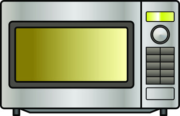 A stainless steel microwave oven. Shown front on.