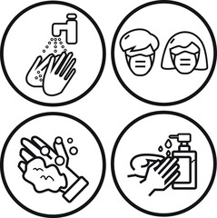 Flat icons of Coronavirus or COVID-19 mask Wash hand icon
