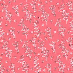 Obraz premium Hand drawn hearts on blanches seamless pattern. Floral linear vector illustration