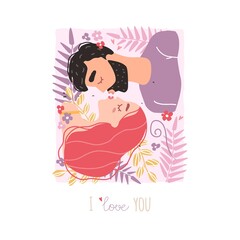 Vector valentine card with cute characters. Romantic couple in love kissing. World kissing Day. Clipart of love.