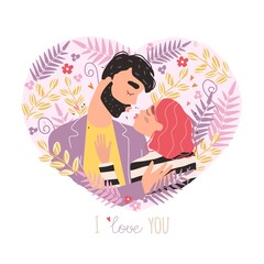 Vector valentine card with cute characters. Romantic couple in love kissing. World kissing Day. Clipart of love.