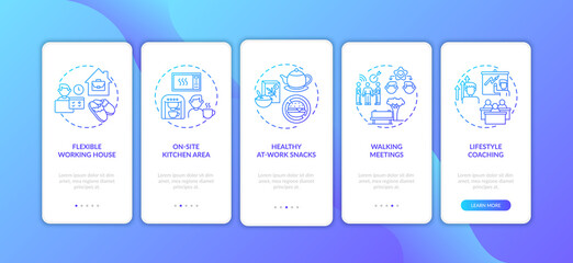 Workstation wellness onboarding mobile app page screen with concepts. Lifestyle coaching, working from home walkthrough 5 steps graphic instructions. UI vector template with RGB color illustrations