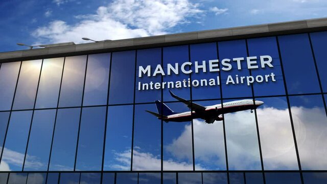 Jet aircraft landing at Manchester, England, United Kingdom 3D rendering animation. Arrival in the city. Glass airport terminal and reflection of the plane. Travel, tourism and transport concept.